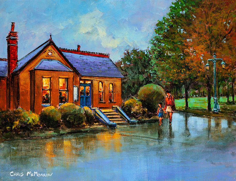 Painting of a mother and daughter being tempted by the lights of the warm inviting coffee shop in the Peoples Park, Waterford City
