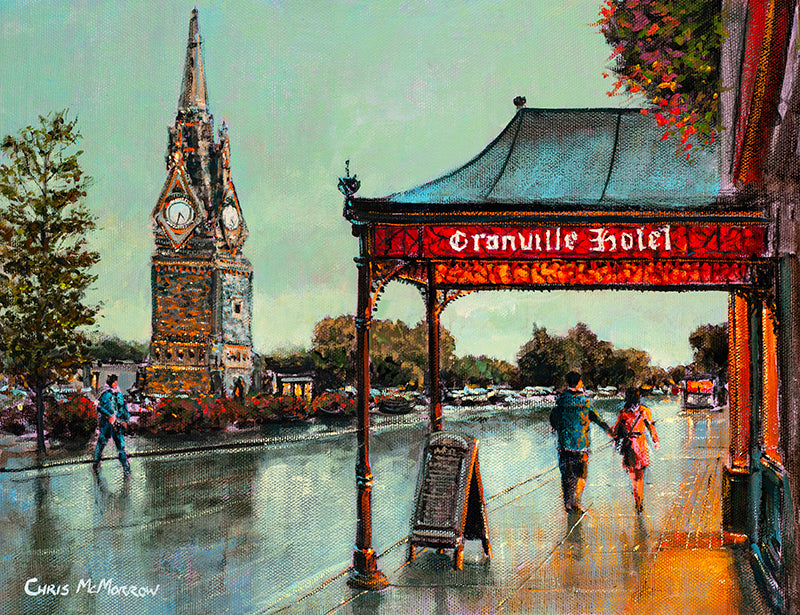 An acrylic painting of the view of the Clock Tower on Waterford City Quays from the front of the Granville Hotel