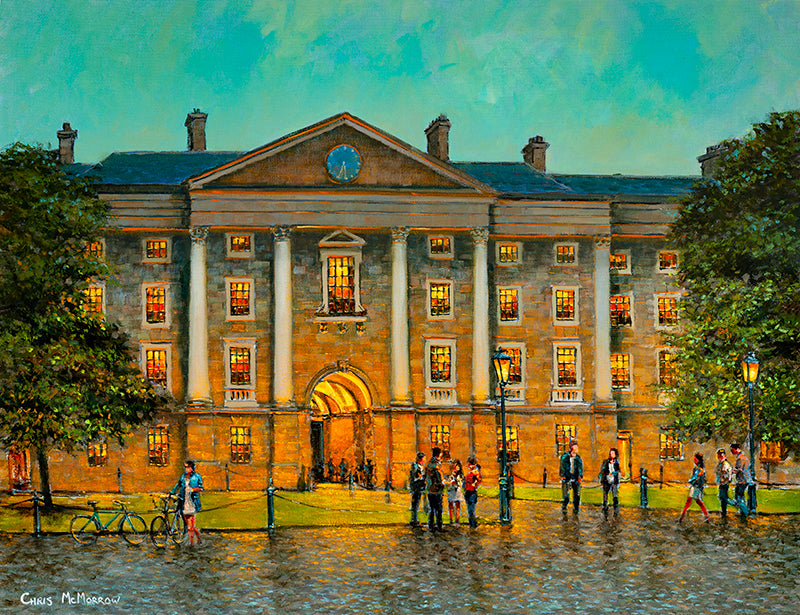 Painting of the cobblestoned front square inside Trinity College, Dublin