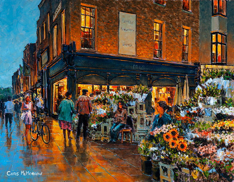 Acrylic painting of an older couple choosing which bunch of flowers to buy from the flower stall on the corner of Grafton Street and Duke Street, Dublin