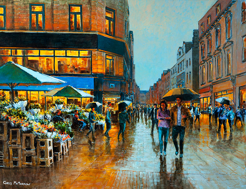 Painting of a couple arm in arm under an umbrella by the flower sellers on Grafton Street, Dublin