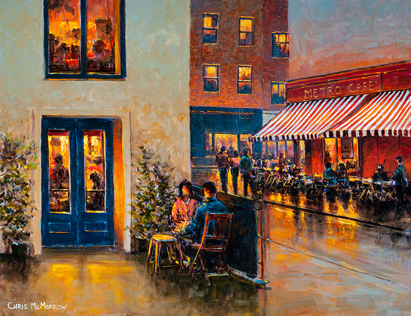 Painting of a young couple dining al fresco in the early evening lights of Dublin