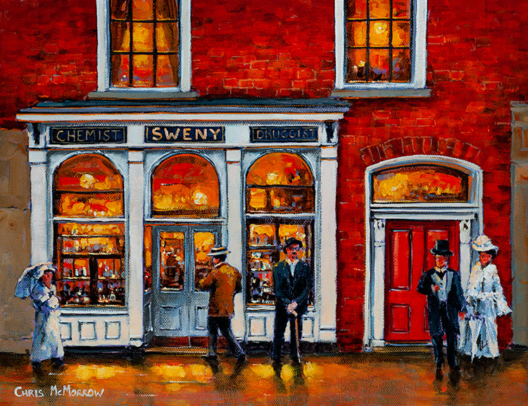 Painting of James Joyce standing outside Swenys Pharmacy on Lincoln Place , Dublin