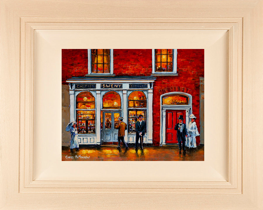 Original framed 12x10 inch canvas of James Joyce standing outside Swenys Chemist, Dublin