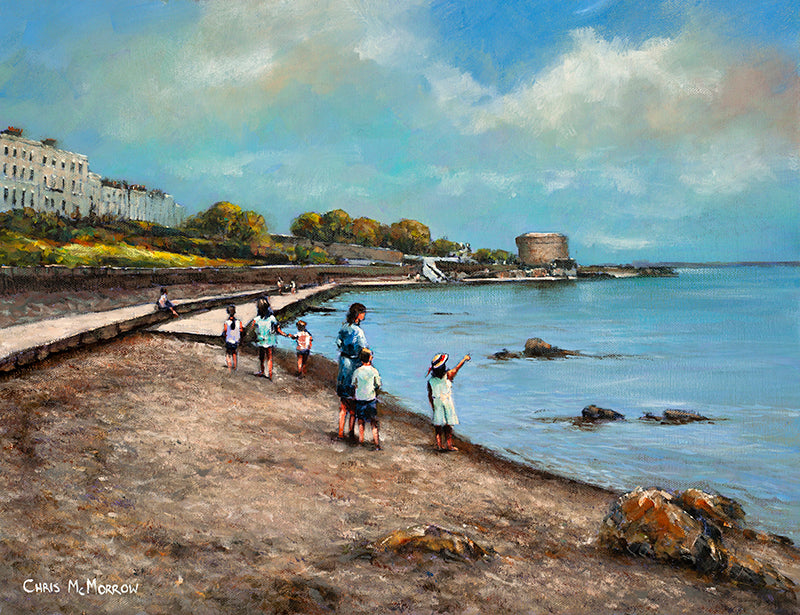 Painting of a young family by the waters edge at high tide in Seapoint, Co Dublin
