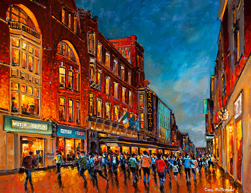 Painting of Henry Street, Dublin, including Arnotts, on a late evening