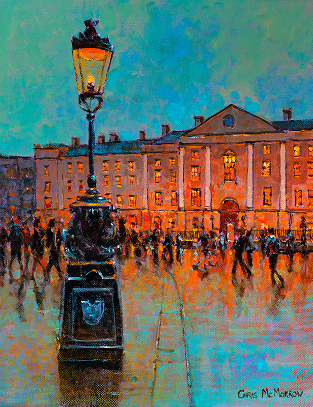 Painting featuring an ornate lamppost in front of Trinity on College Green, Dublin
