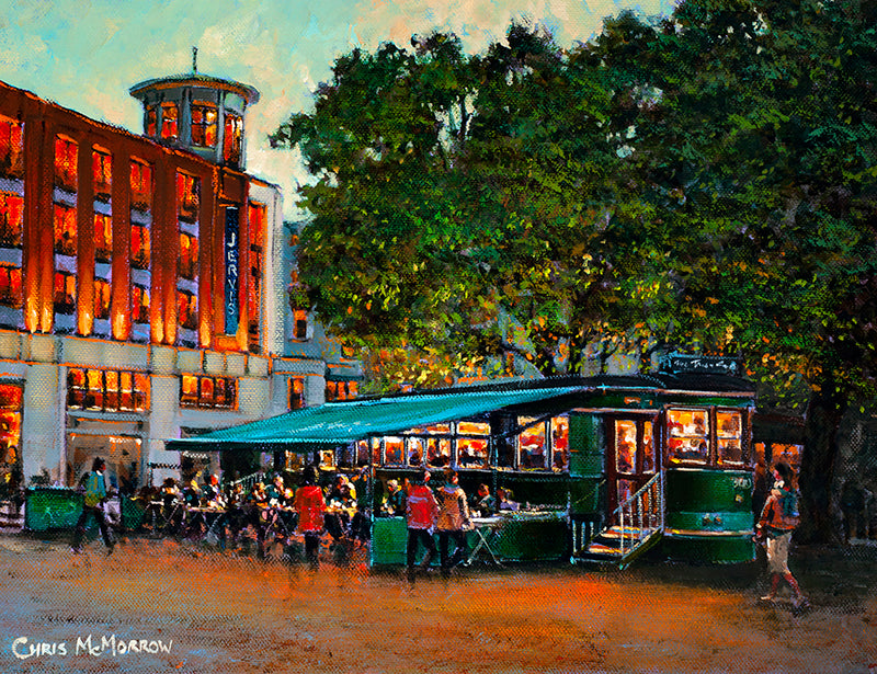 Painting of the Tram Cafe, Jervis Street, Dublin which was once a working tram