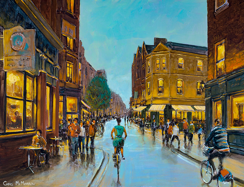 Acrylic painting of cyclists and people at this busy Dublin intersection