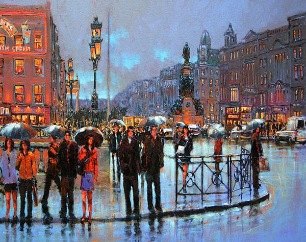 A painting of O'Connell Bridge, Dublin city in the early evening