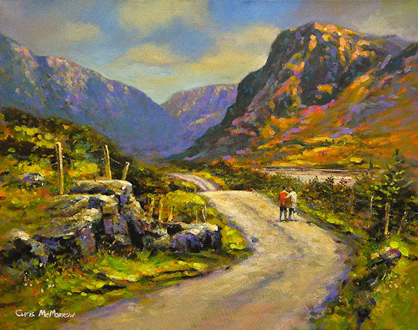 A painting of a couple strolling through the Gap of Dunloe