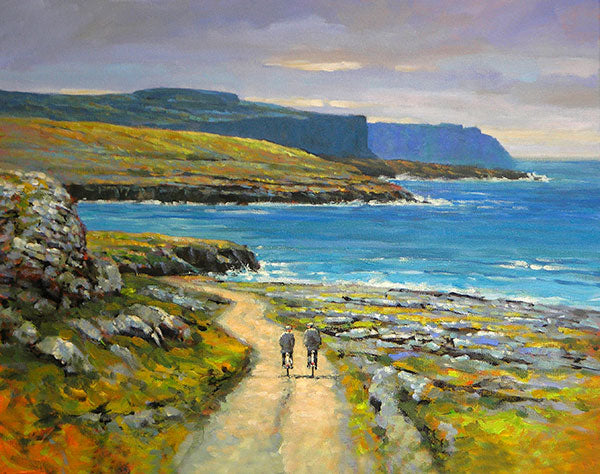 A landscape painting of two men as they cycle towards the cliffs of Moher