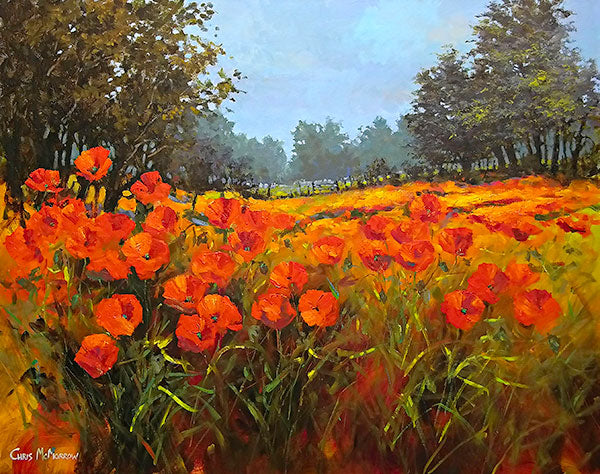 A landscape painting of a poppyfield