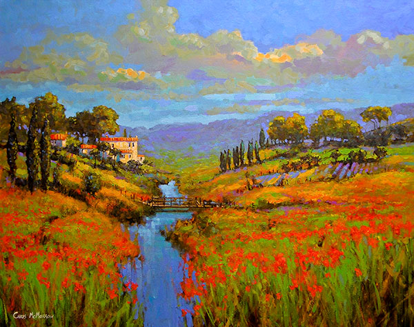 A painting of a dreamscape in Tuscany , Italy