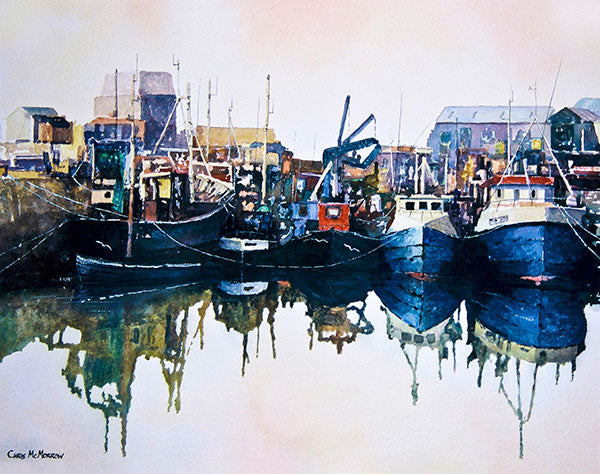 A painting of trawlers resting at Howth Harbour