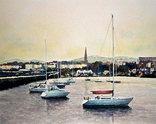 A painting of sailboats at rest in Dun Laoghaire harbour