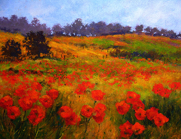 Painting of a meadow of red poppies
