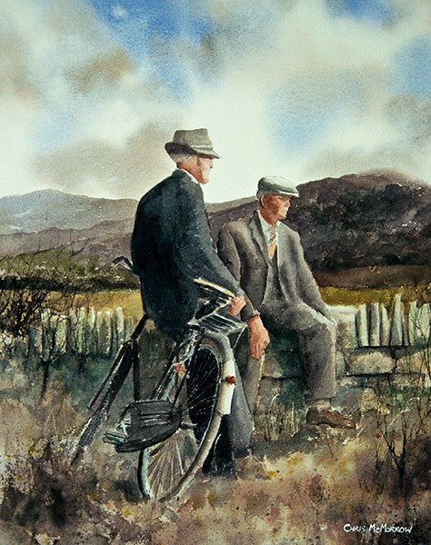 A casual conversation between two men with an old nellie bicycle on the roadside, Connemara, Ireland