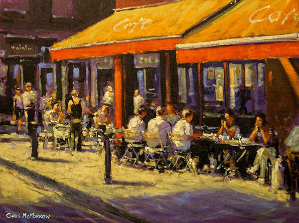 Painting of people sitting outside the Metro Cafe on a summers day