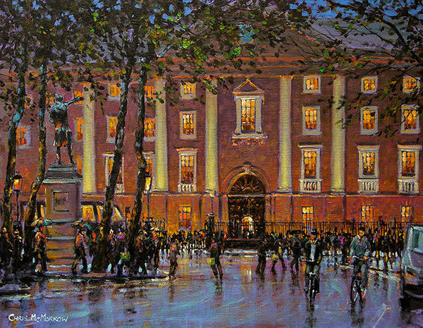 A colourful painting of Trinity and College Green in purple and oranges