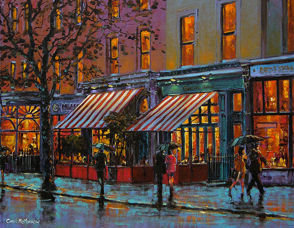 A painting of Cafe en Seine Bar on a damp evening in Dublin