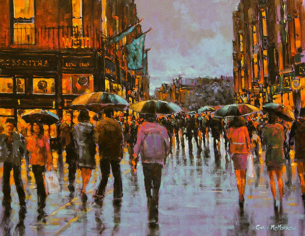 An impressionistic painting of shoppers out and about at the bottom of Grafton Street, Dublin