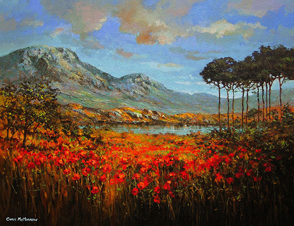 A painting of Derryclare Lough with pine trees in Connemara