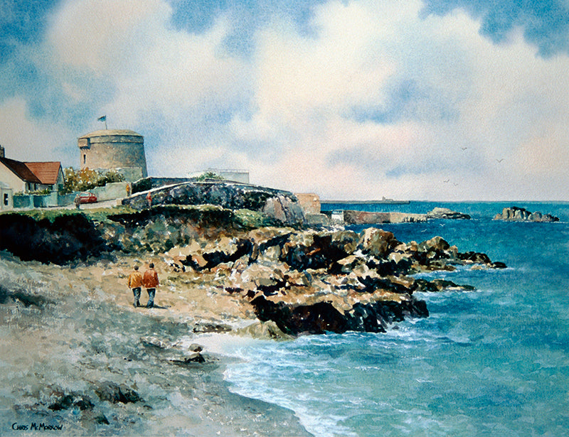 A watercolour painting of the James Joyce Tower and Museum at the Forty Foot, Sandycove