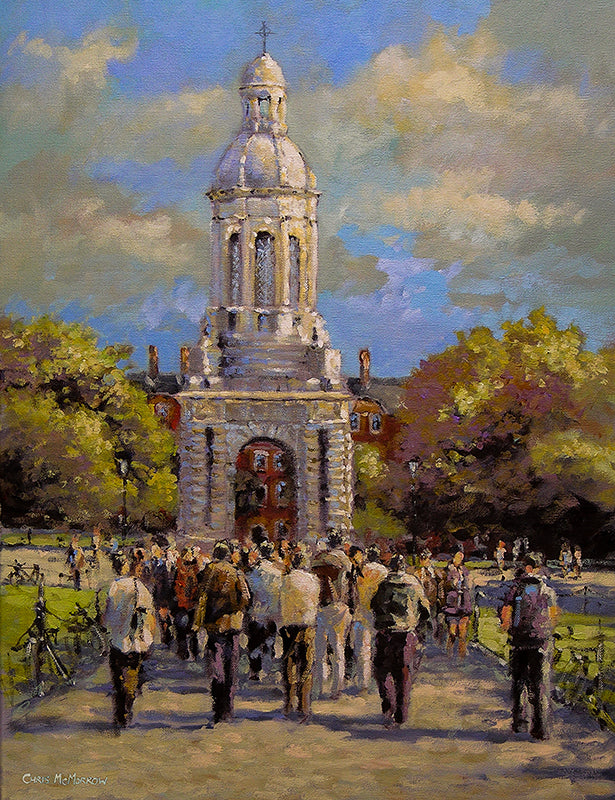 The Campanile in Trinity College bathed in sunlight