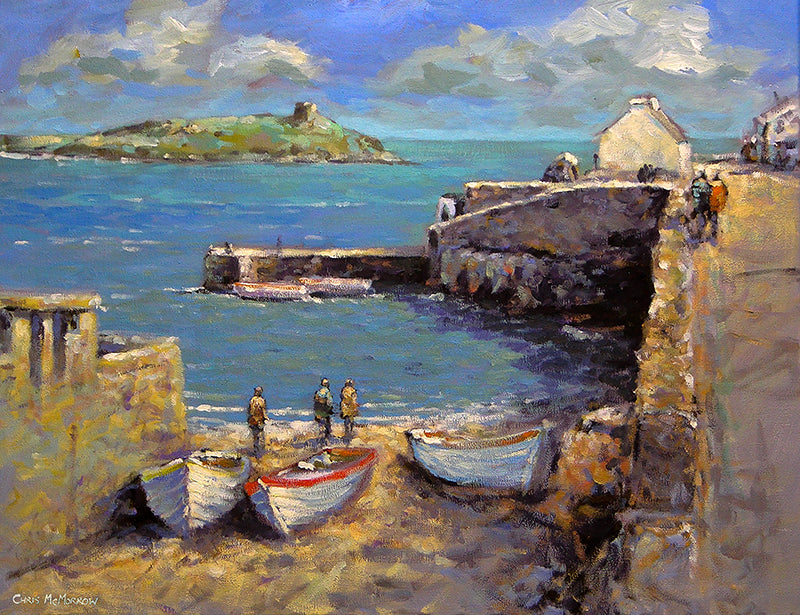 A colourful painting of Coliemore Harbour, Dalkey, in the summer sunshine