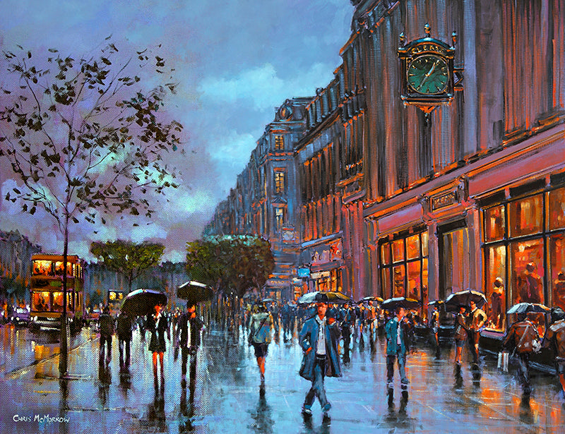 Painting of a busy O'Connell Street and Clery's Department store in the city centre