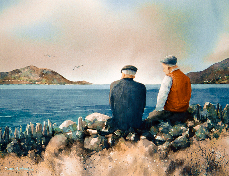 Painting of 2 old men sitting on a stone wall looking out to sea