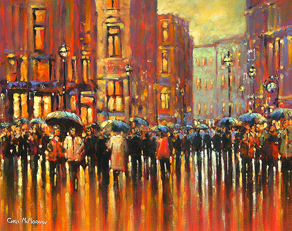 A vibrant impressionistic painting, painted with a palette of mainly oranges and reds, of a throng of people milling about under umbrellas on Dublin's Grafton Street.