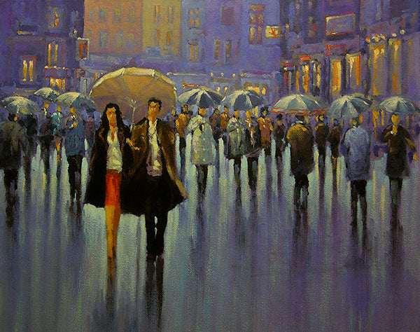 A painting of a couple under an umbrella out for the night in town