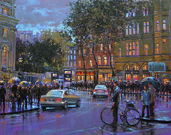 A painting of people waiting to cross College Green