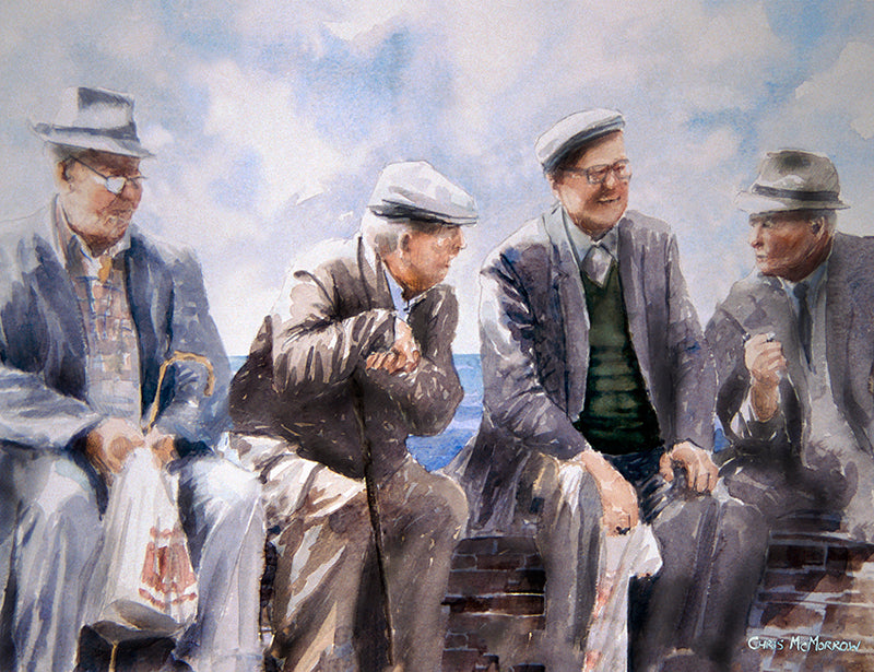 Painting of four men sitting on a wall discussing the latest gossip