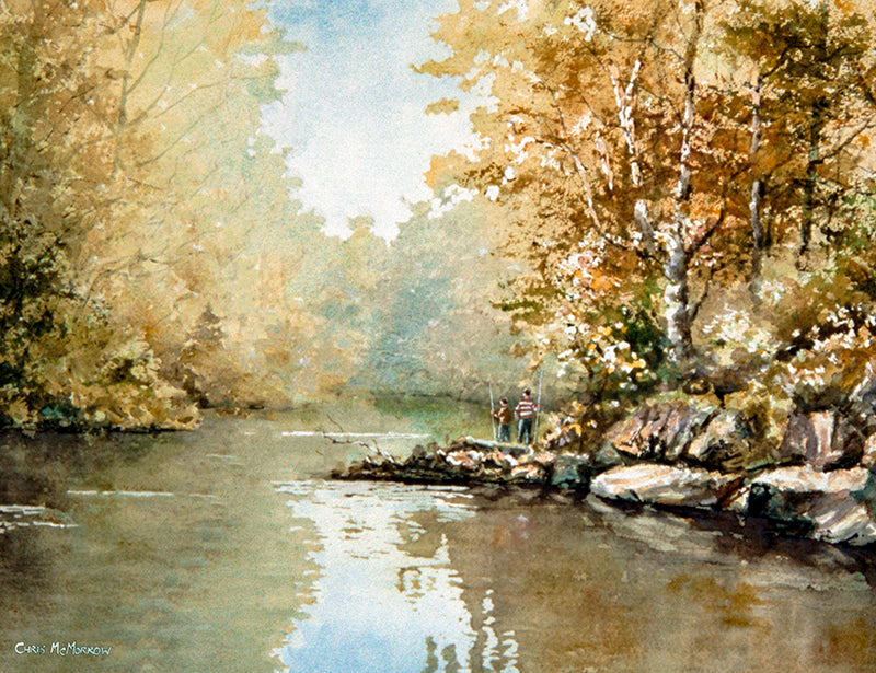 PAinting of two boys with fishing rods fishing on the River Liffey, Dublin