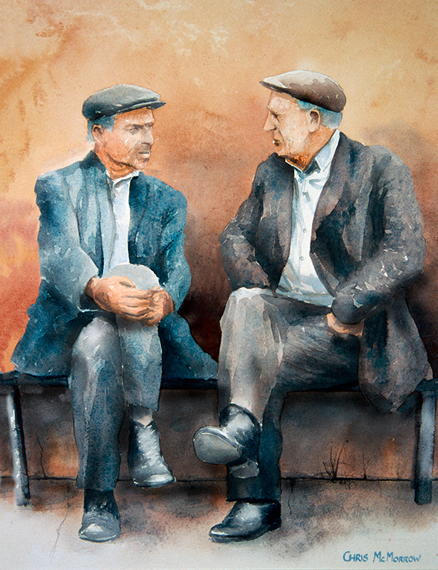 Watercolour of two men sitting on a small bench talking