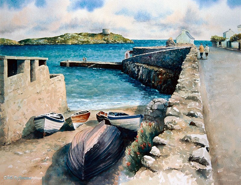 Watercolour painting looking from Coliemore HArbour towards Dalkey Island, Dublin
