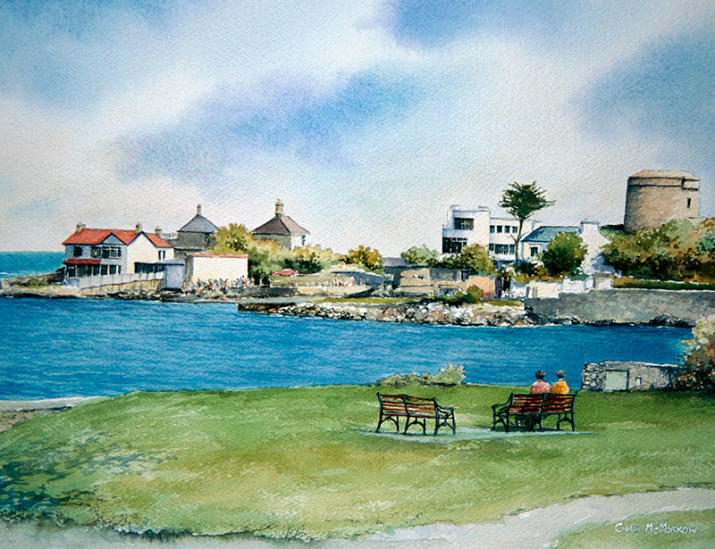 Watercolour painting of a view from the small park near Sandycove bay.