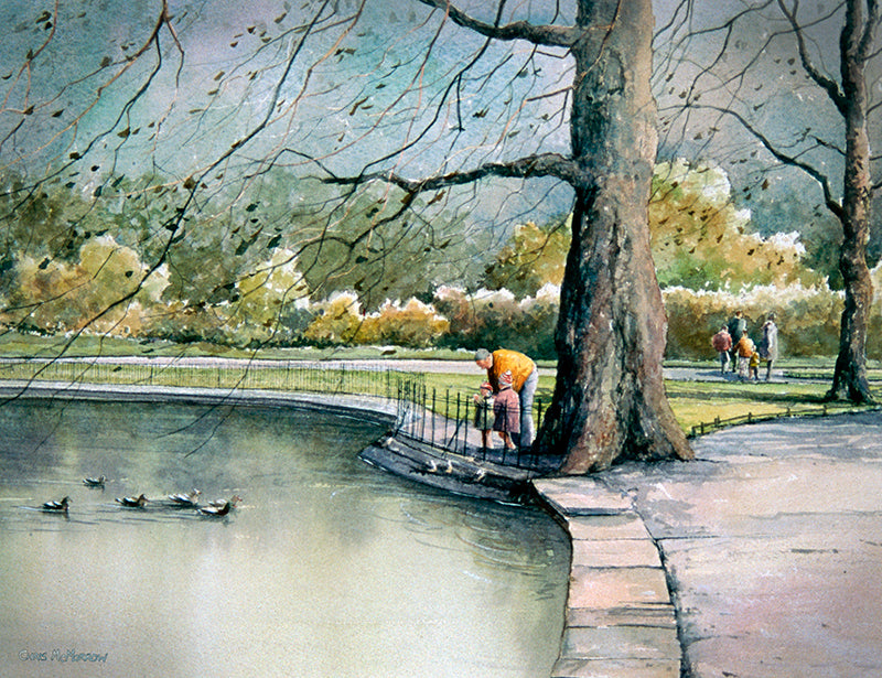 Watercolour painting of a family feeding ducks in Stephens Green, Dublin city centre