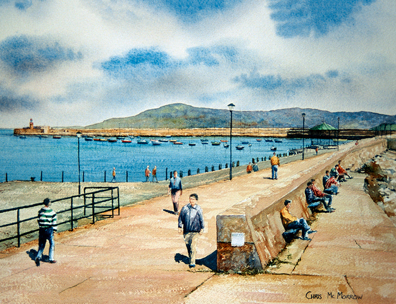 Watercolour painting of a sunny day on Dun Laoghaire pier
