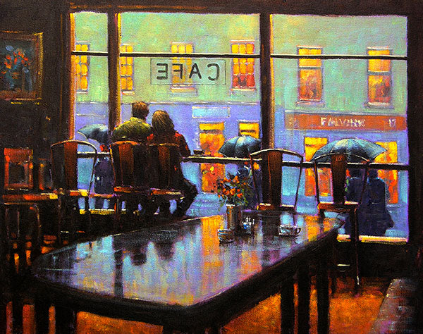 A painting of a couple sitting at the window in a cafe