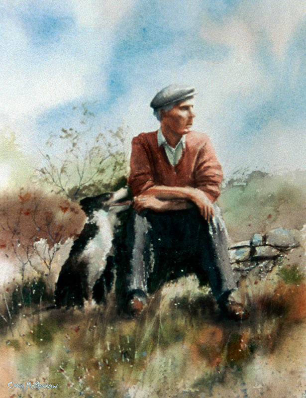 Watercolour painting of a man sitting with his faithful Collie dog