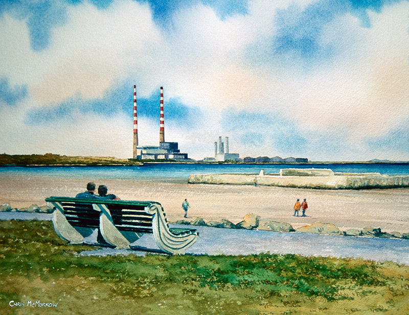 Painting of a couple sitting on a bench looking out on Sandymount Strand