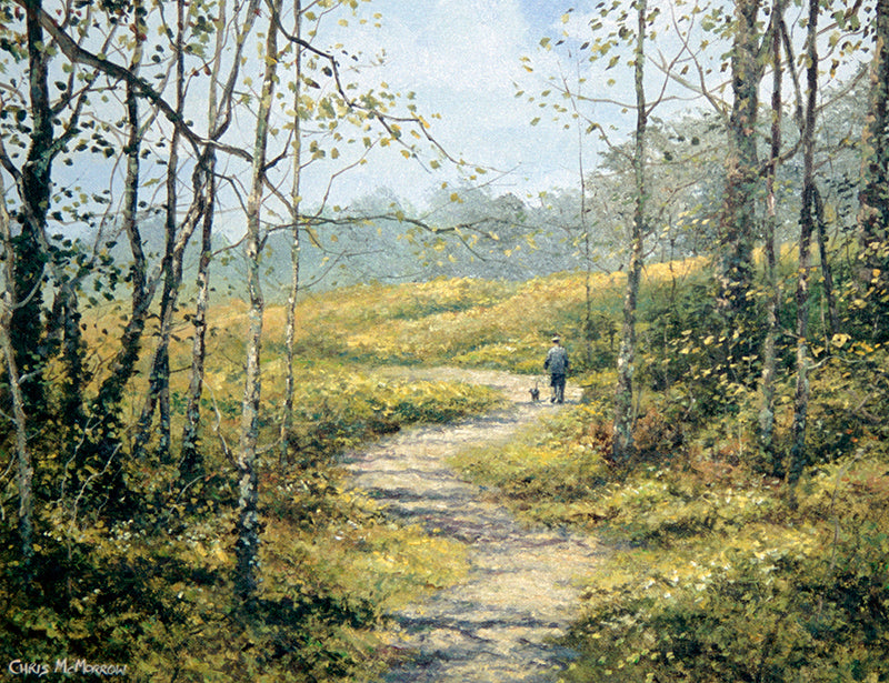 PAinting of A man and his dog take a walk along a forest path