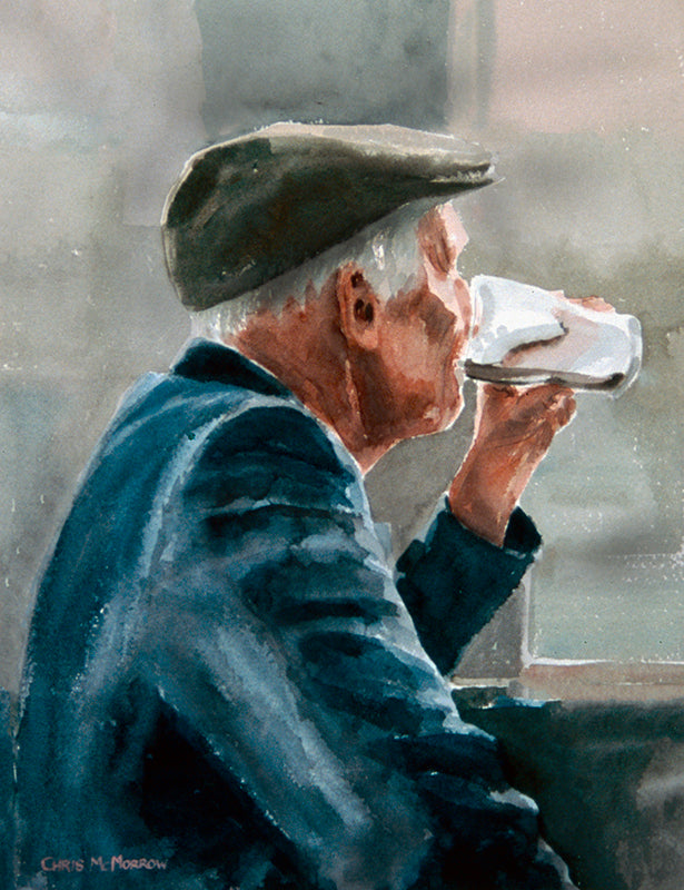 Watercolour painting of a man finishing off the last of his pint of stout