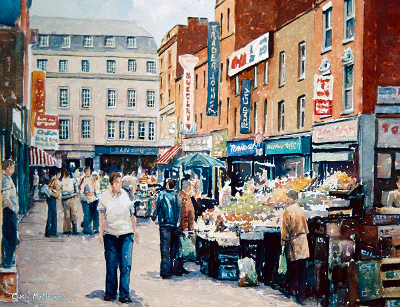 Watercolour painting of Moore Street open market stalls, Dublin