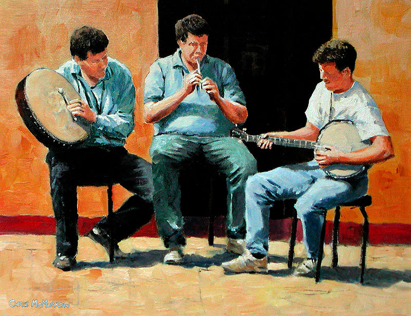 PAinting of three Irish musicians performing outside a pub