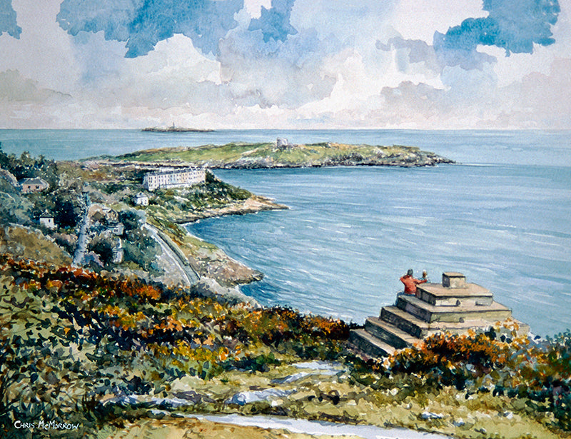 Watercolour painting of a view of Dublin bay from Killiney Hill, Dalkey